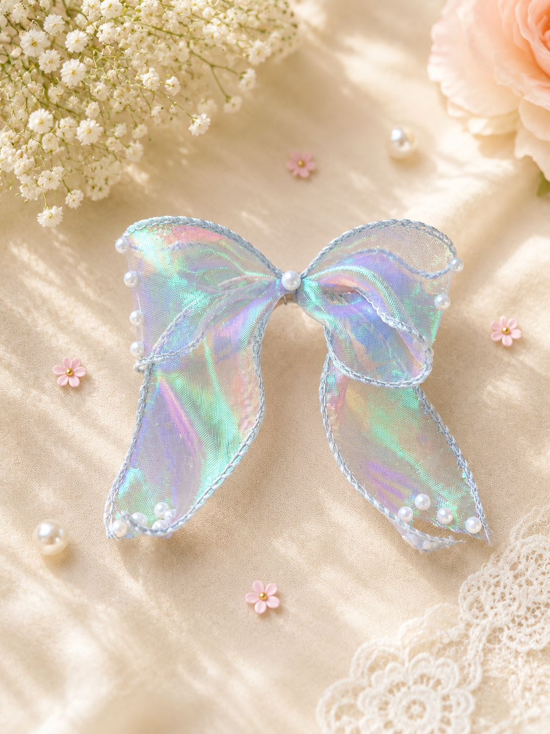 Premium Organza Pearl Hair Bow Clip | Elegant Handmade Hair Accessory for Girls, Kids & Women | Party, Wedding & Festive Wear