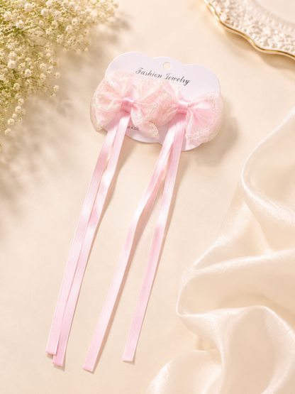Organza Ribbon Hair Bow Clips Set | Long Tail Hair Accessories for Girls, Kids & Toddlers | Party, School & Festive Wear