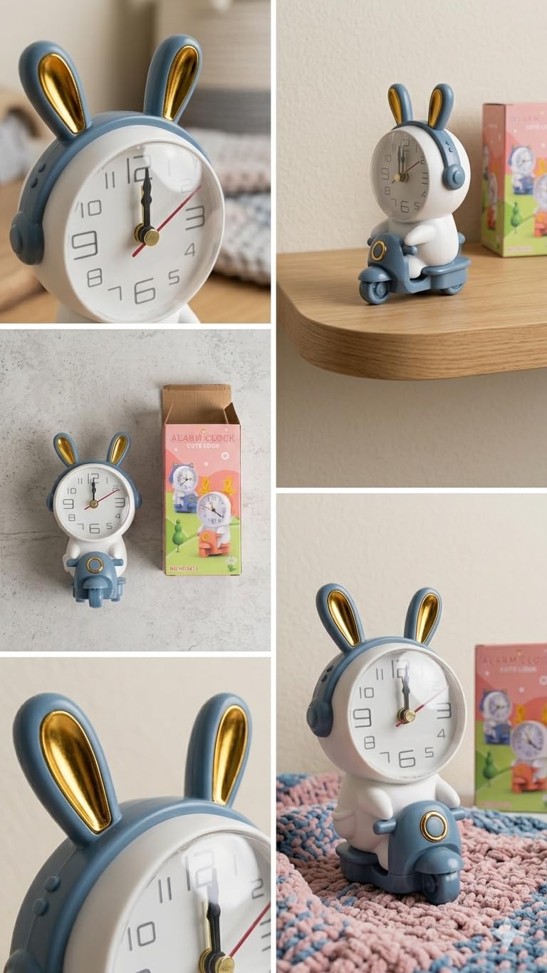 Cute Rabbit Scooter Desk Clock | Silent Quartz Movement | Bunny Design | Decorative Bedroom and Study Table Clock