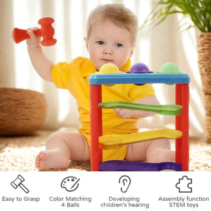Ramp Tower | Race Slope Rolling Hammer Ball Toy Set with 4 Balls 1 Hammer | Sharp Edges | Free Fun Learning Toy for Kids - Multicolor