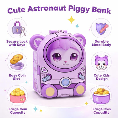 Cartoon Piggy Bank for Kids with Lock – Cute Money Saving Box for Boys & Girls | Coin & Cash Storage Mini Locker | Best Birthday Return Gift |Bear | Purple