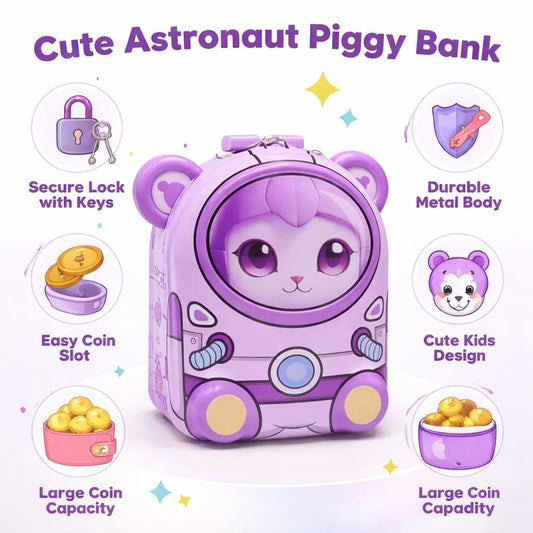 Cartoon Piggy Bank for Kids with Lock – Cute Money Saving Box for Boys & Girls | Coin & Cash Storage Mini Locker | Best Birthday Return Gift |Bear | Purple
