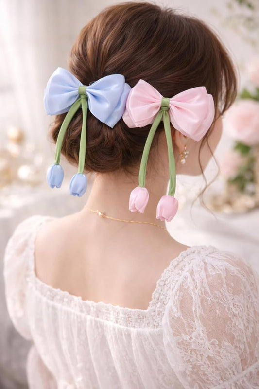 Satin Bow Hair Clips for Women & Girls | Pastel Colour | Tulip Charm | Korean Aesthetic Bows Pin