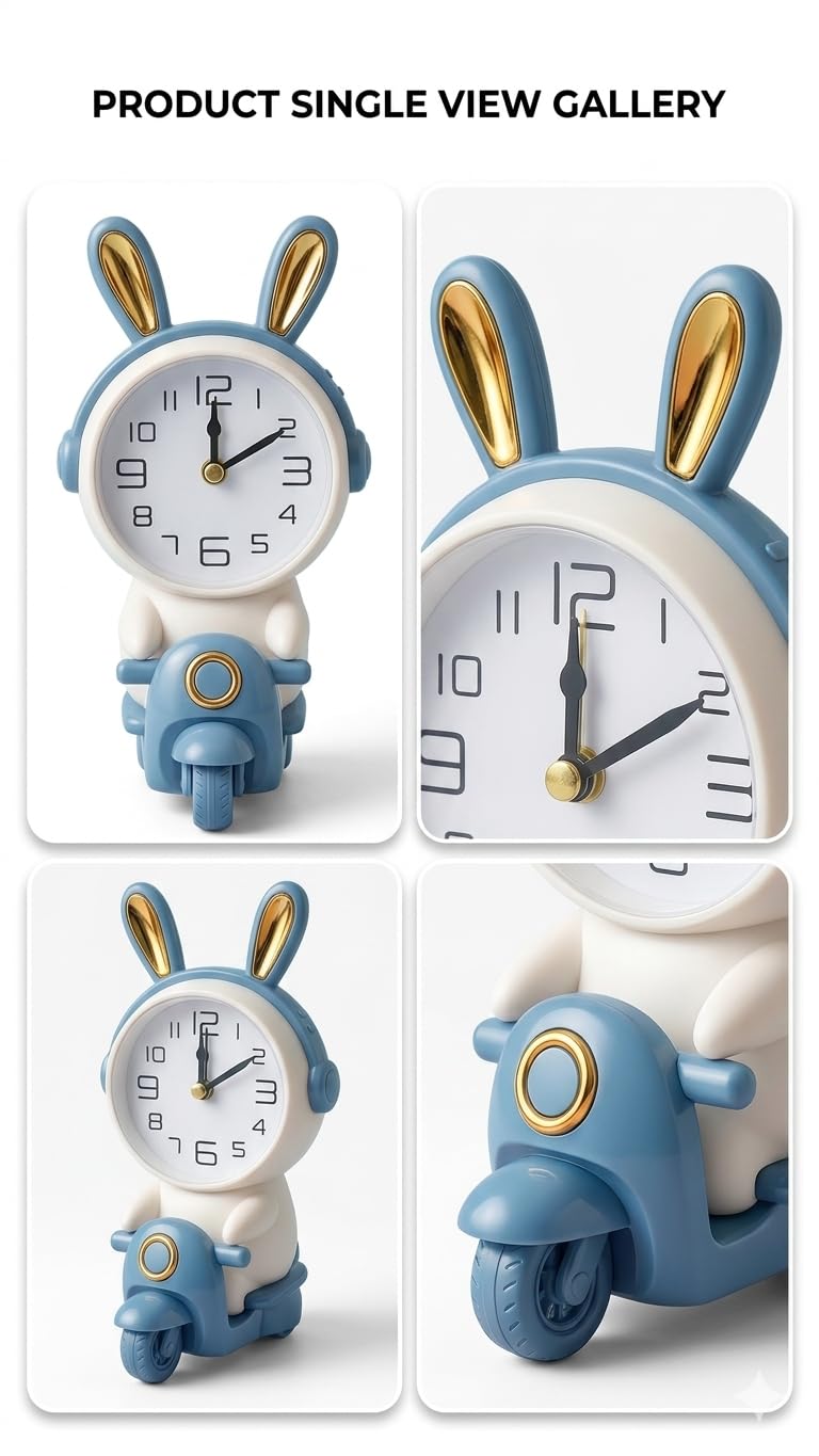Cute Rabbit Scooter Desk Clock | Silent Quartz Movement | Bunny Design | Decorative Bedroom and Study Table Clock
