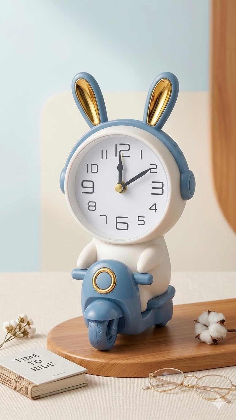 Cute Rabbit Scooter Desk Clock | Silent Quartz Movement | Bunny Design | Decorative Bedroom and Study Table Clock