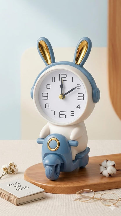 Cute Rabbit Scooter Desk Clock | Silent Quartz Movement | Bunny Design | Decorative Bedroom and Study Table Clock