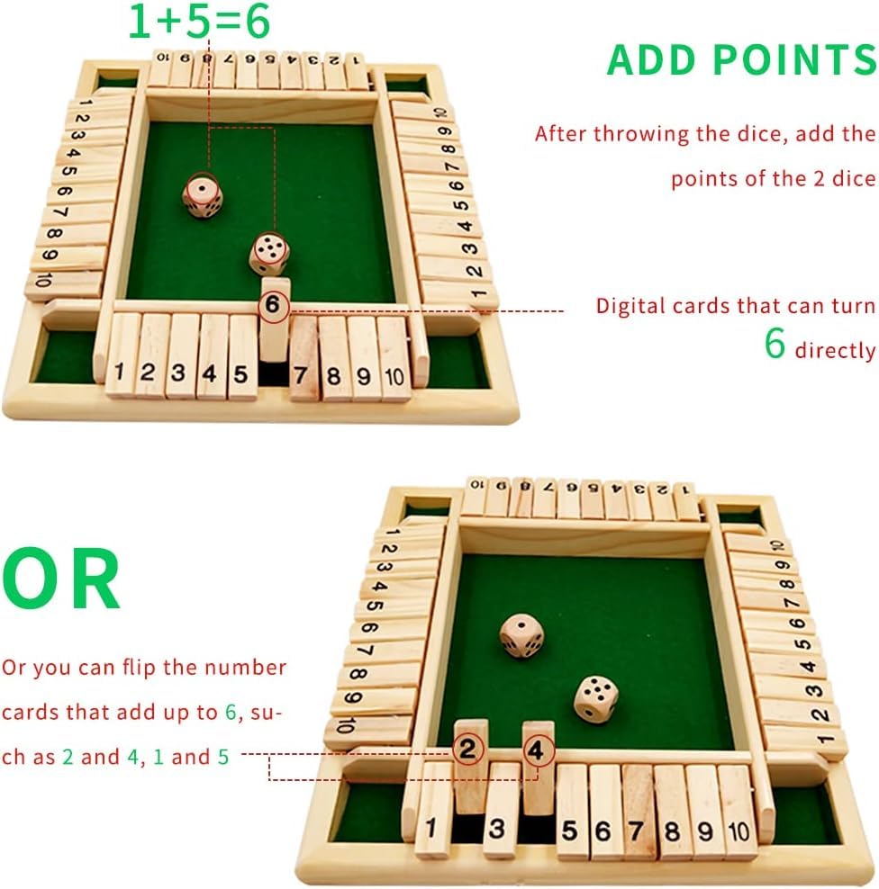 Flip the Stick/Shut The Box Wooden Board Game with 2 Dice – Classic Folding Board Math Dice Game for 4 Players | Fun Educational Number Game for Children & Adults | Perfect Family Party & Birthday Gift