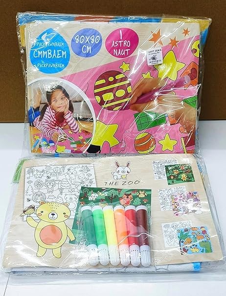 Coloruing Mat | Doodle Drawing | Kids Reusable | Washable Learning Mat with 6 Colour Pens (Random Pattern)