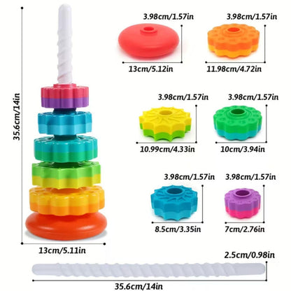Rainbow Stacking Rings Toy for Baby | Spiral Spinning Tower Gear Stackable Rotating Base Blocks | Educational Toddler Learning, Fine Motor Skills (5 Rings)
