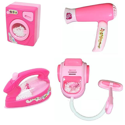 Complete Miniature Home Experience Dream Household 4 Piece Toy Appliances Set - Washing Machine, Vacuum Cleaner, Hair Dryer or Sewing Machine, Iron - 4 in 1 Toy Set for Boys and Girls