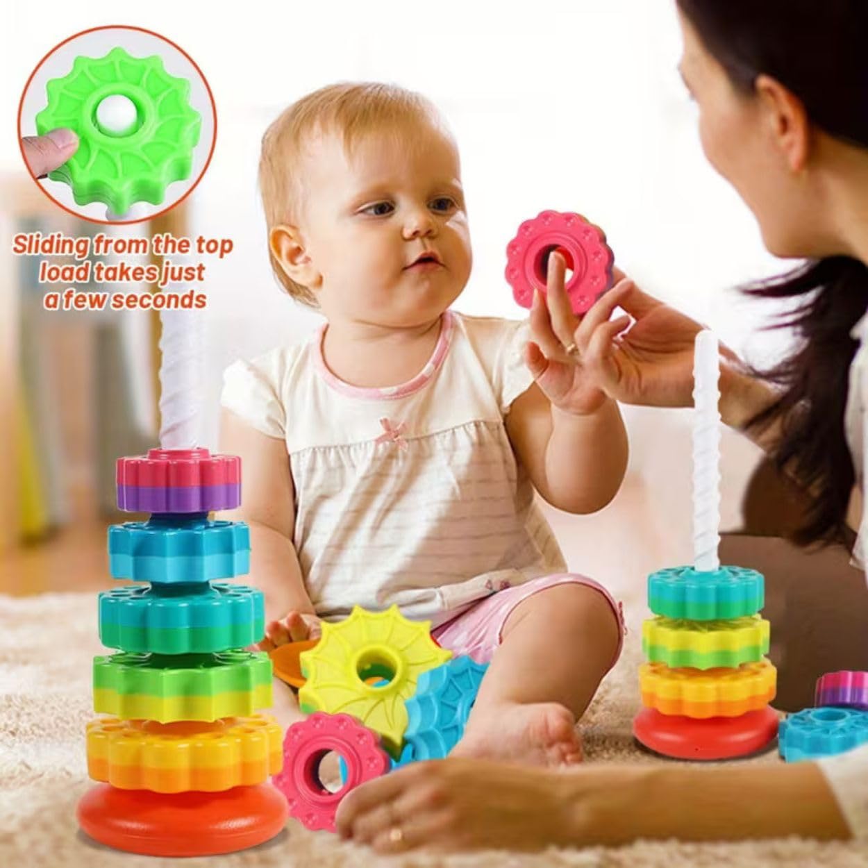 Rainbow Stacking Rings Toy for Baby | Spiral Spinning Tower Gear Stackable Rotating Base Blocks | Educational Toddler Learning, Fine Motor Skills (5 Rings)
