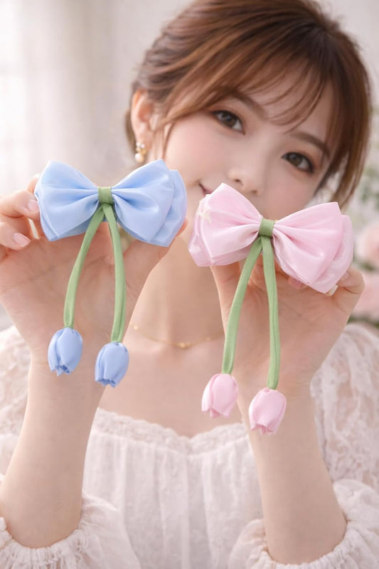 Satin Bow Hair Clips for Women & Girls | Pastel Colour | Tulip Charm | Korean Aesthetic Bows Pin