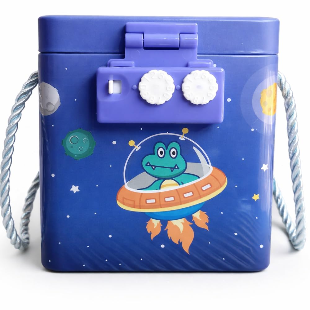 Metal Piggy Bank with Number Lock | Blue Tin Money Saving Box for Kids & Adults | Crocodile Star Travel Print Coin Bank | Cute Space Theme Gullak | Secure Password Locker