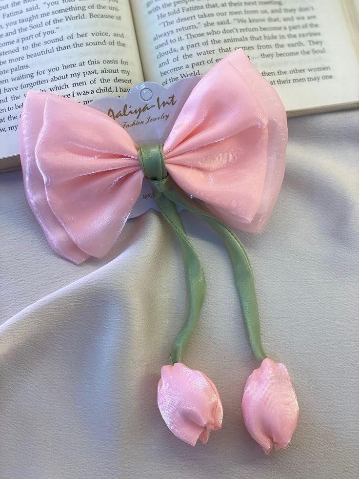 Satin Bow Hair Clips for Women & Girls | Pastel Bow Hair Accessories with Tulip Charm | Korean Aesthetic Hair Bows for Bun & Ponytail | Multicolour