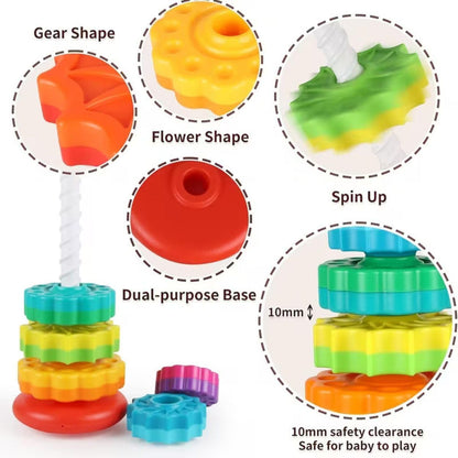Rainbow Stacking Rings Toy for Baby | Spiral Spinning Tower Gear Stackable Rotating Base Blocks | Educational Toddler Learning, Fine Motor Skills (5 Rings)