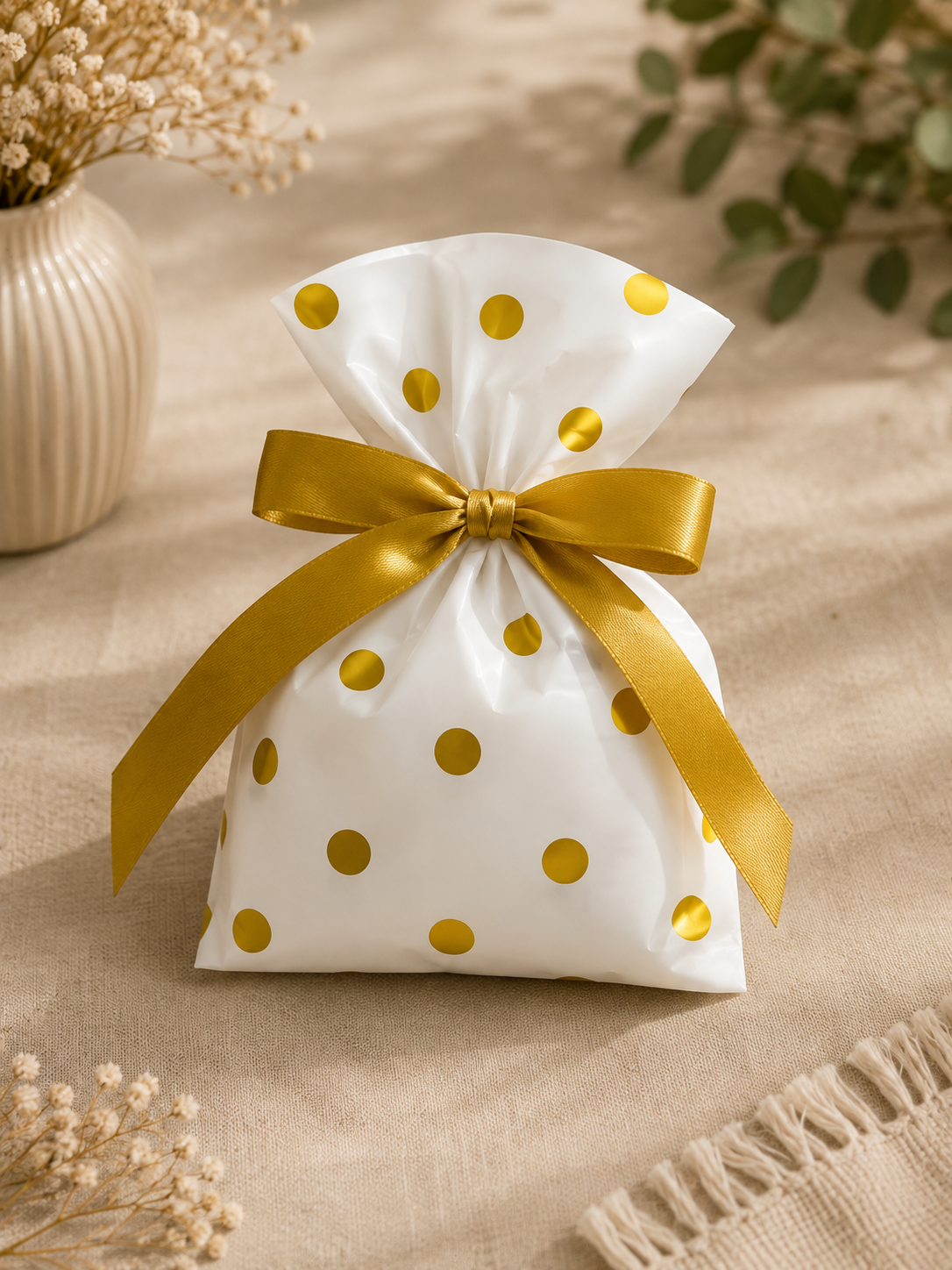 Premium Polka Dot Gift Packing Pouch | White & Gold Gift Wrap Bag with Satin Ribbon | Return Gift & Hamper Packaging
