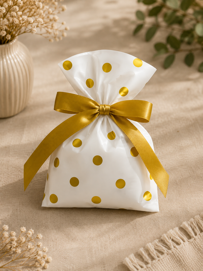 Premium Polka Dot Gift Packing Pouch | White & Gold Gift Wrap Bag with Satin Ribbon | Return Gift & Hamper Packaging