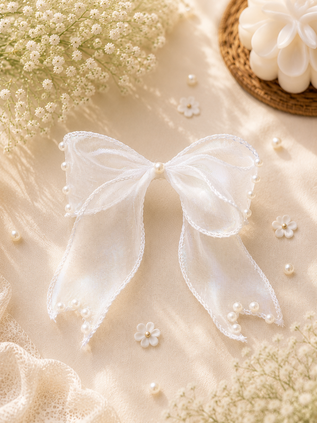 Premium Organza Pearl Hair Bow Clip | Elegant Handmade Hair Accessory for Girls, Kids & Women | Party, Wedding & Festive Wear