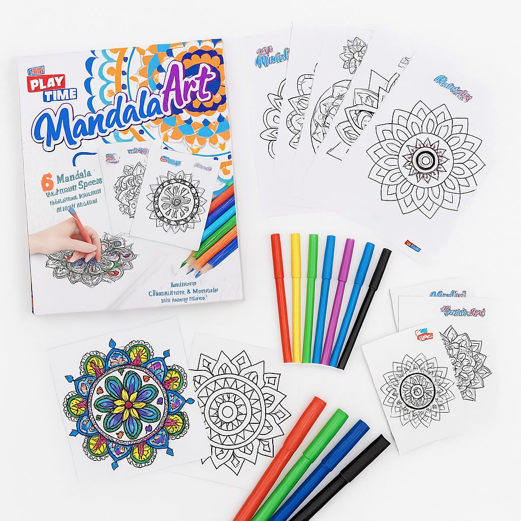 Mandala Art Kit for Kids – 6 Mandala Artwork Sheets with Sketch Pens | DIY Art & Craft Kit | Colouring Activity Set for Kids Girls Boys | Creative Drawing & Painting Gift Set