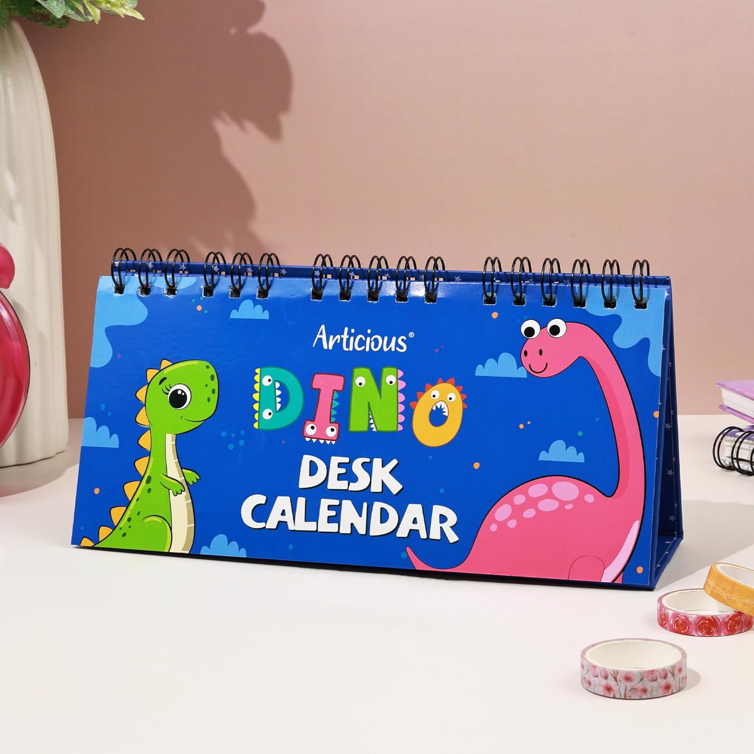 Cute Desk Calendar | Perpetual Table Calendar | Dino Design | Size 26x17cm | Spiral Standing Desk Calendar for Kids, Teens, Home & Office Use