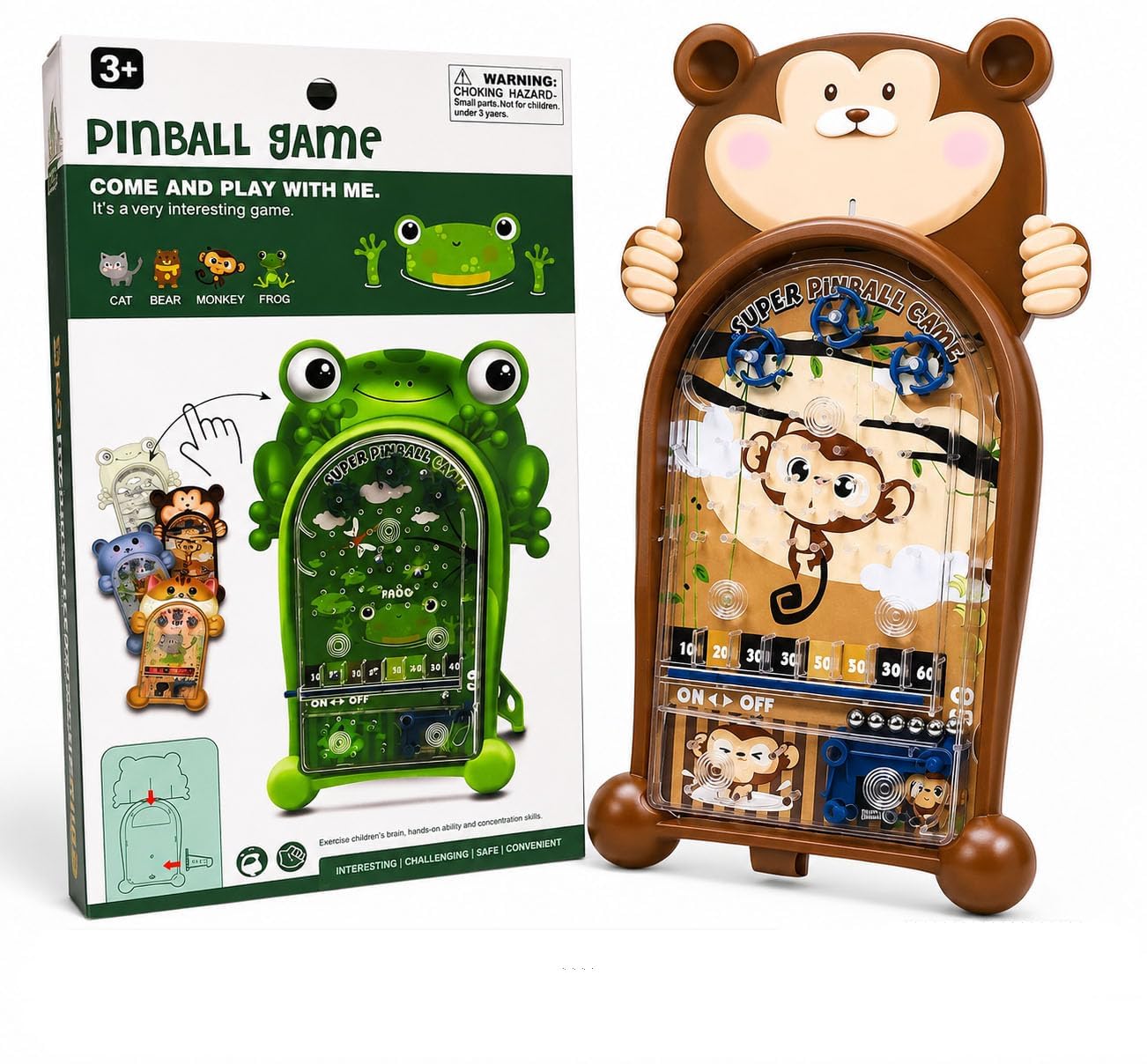Super Pinball Game for Kids | Monkey Theme | Handheld Arcade Pinball Machine with Steel Balls | Cartoon Animal Design | Fun Skill Focus Game | ScreenFree Toy