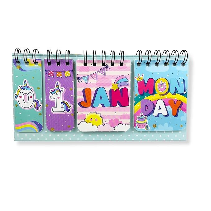 Cute Desk Calendar | Perpetual Table Calendar | Unicorn Design | Size 26x17cm | Spiral Standing Desk Calendar for Kids, Teens, Home & Office Use