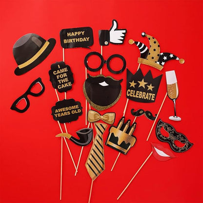 Glitter Party Props Kit | Fun Black & Gold Photo Booth Accessories for Birthdays, Anniversaries & More