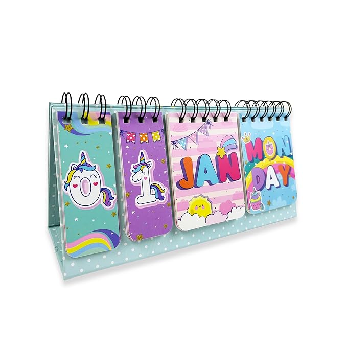 Cute Desk Calendar | Perpetual Table Calendar | Unicorn Design | Size 26x17cm | Spiral Standing Desk Calendar for Kids, Teens, Home & Office Use