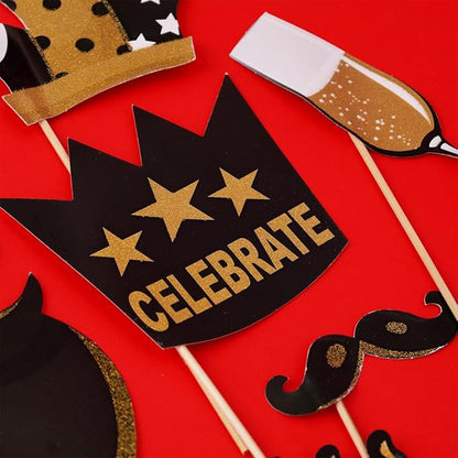 Glitter Party Props Kit | Fun Black & Gold Photo Booth Accessories for Birthdays, Anniversaries & More