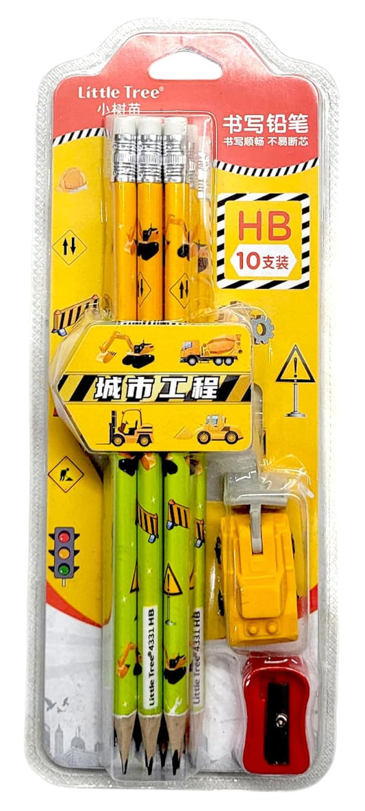 Kids' Stationery Kit with Wooden Pencils, Sharpener, Erasers, Cartoon Theme (12 Pencils)
