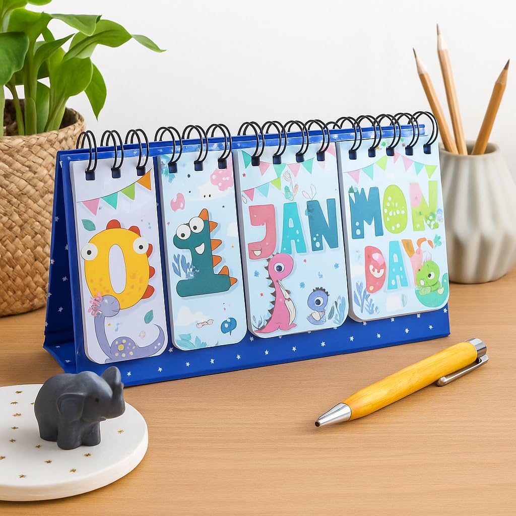 Cute Desk Calendar | Perpetual Table Calendar | Dino Design | Size 26x17cm | Spiral Standing Desk Calendar for Kids, Teens, Home & Office Use