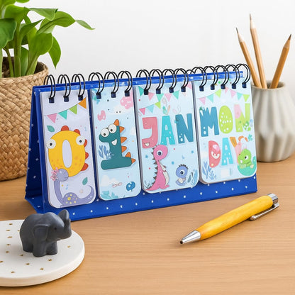 Cute Desk Calendar | Perpetual Table Calendar | Dino Design | Size 26x17cm | Spiral Standing Desk Calendar for Kids, Teens, Home & Office Use