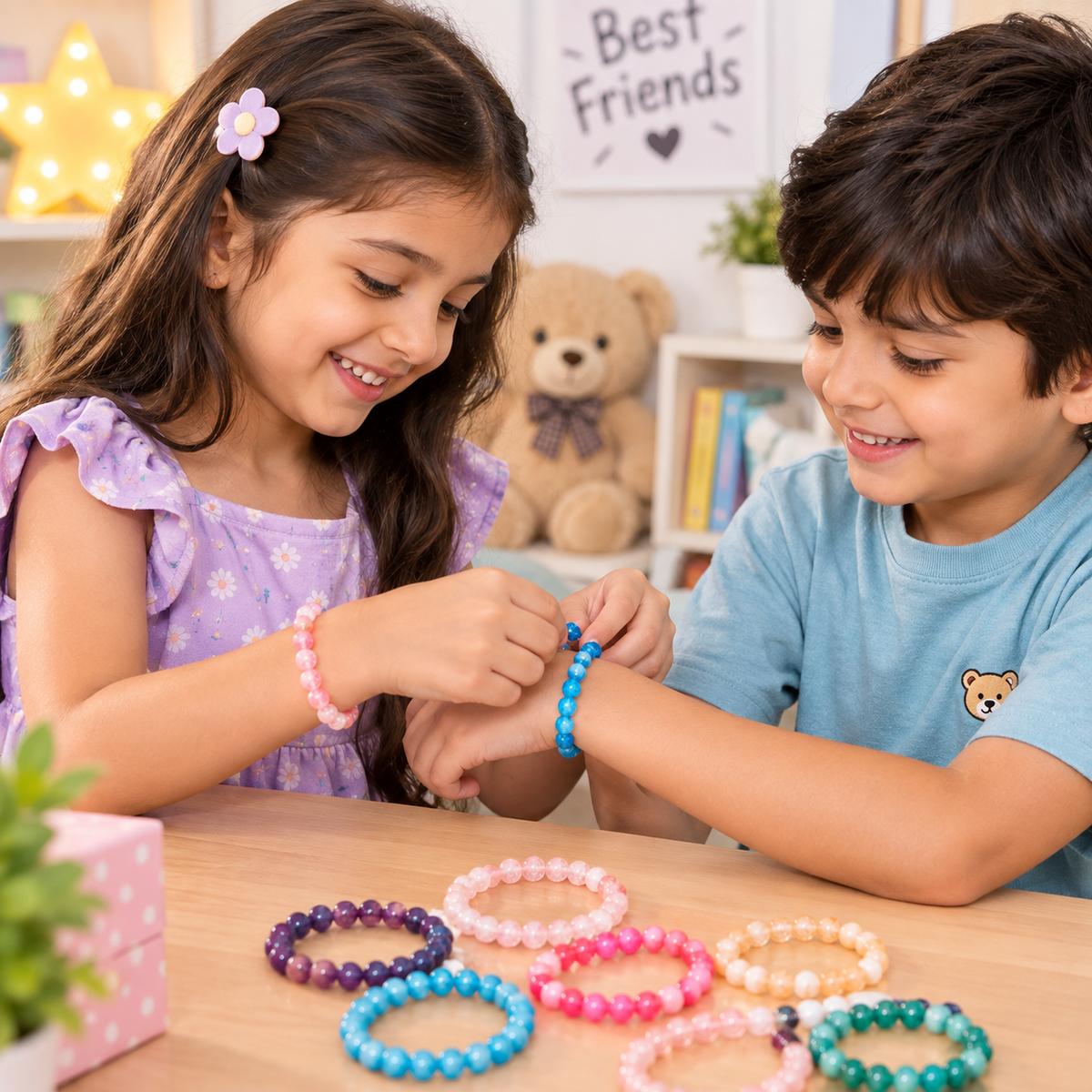 Vibrant Multi-Color Crackle Bead Stretch Bracelets Set (Kids & Casual Wear)