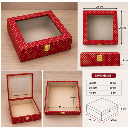 Premium Red Window Gift Box with Golden Lock | 20 × 20 × 5 cm Luxury Hamper Box for Chocolates, Dry Fruits & Festive Gifts (Only box)