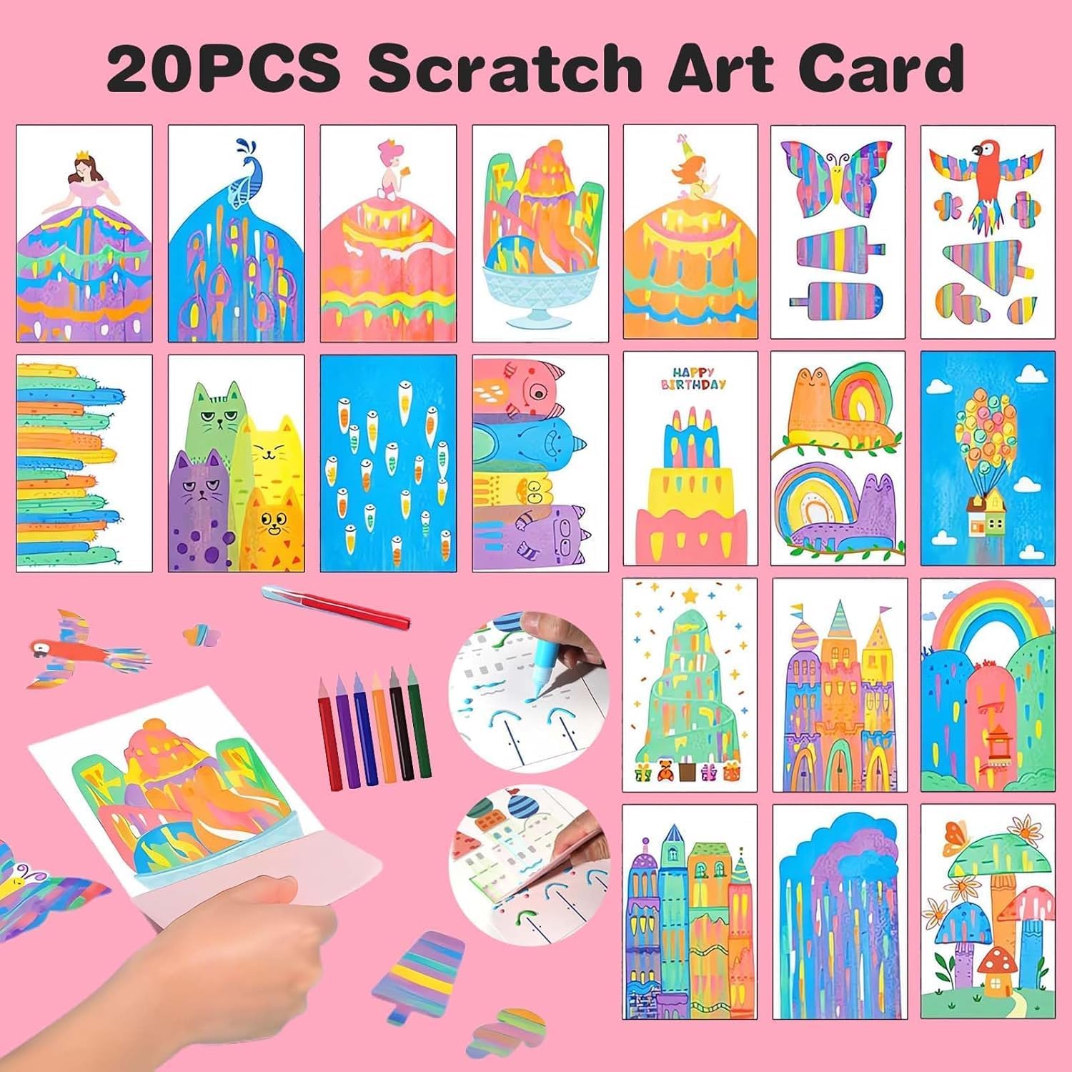 Rainbow Scratch Paper Art Painting Kit for Kids Squeeze Dot Magic DIY Postcard Activity Set, Squeegee Creative Gifts for Girls and Boys