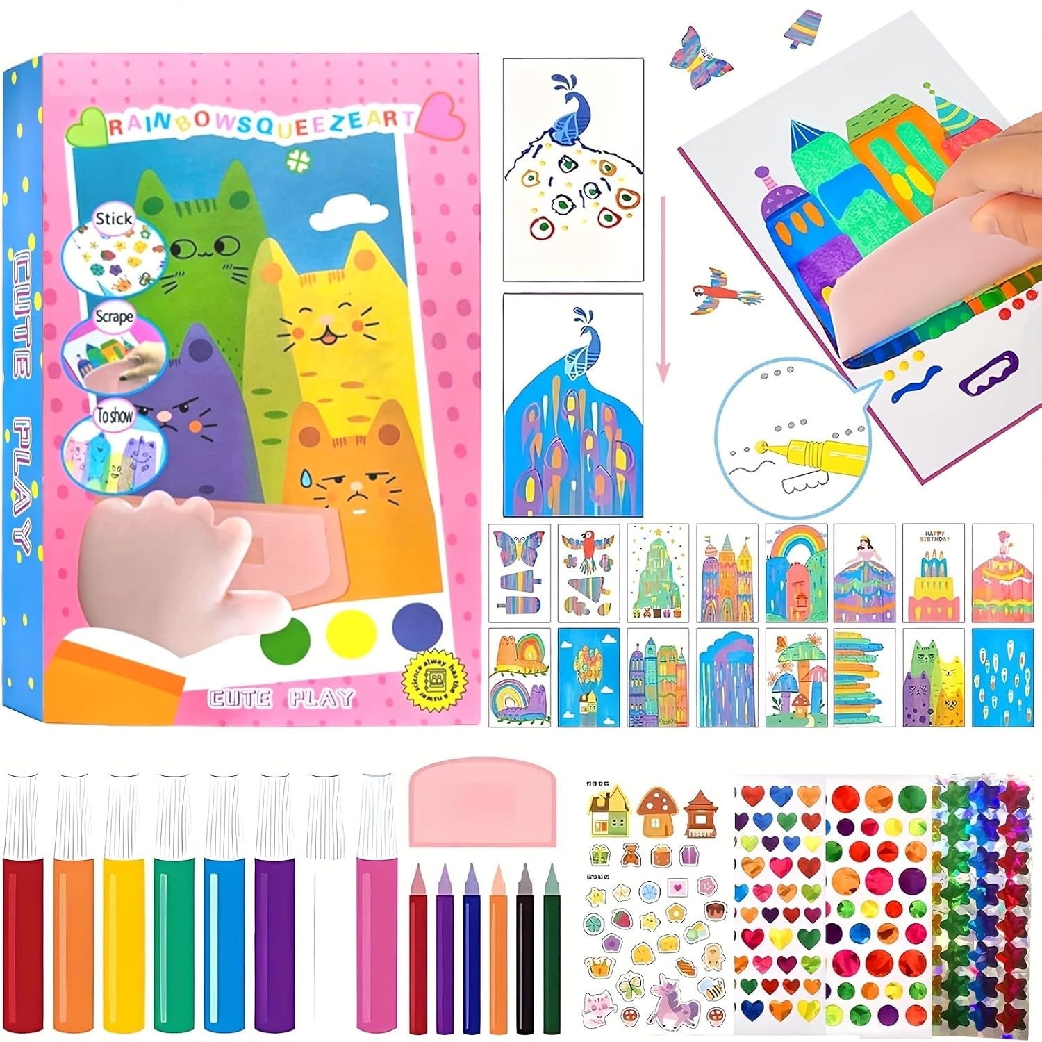 Rainbow Scratch Paper Art Painting Kit for Kids Squeeze Dot Magic DIY Postcard Activity Set, Squeegee Creative Gifts for Girls and Boys
