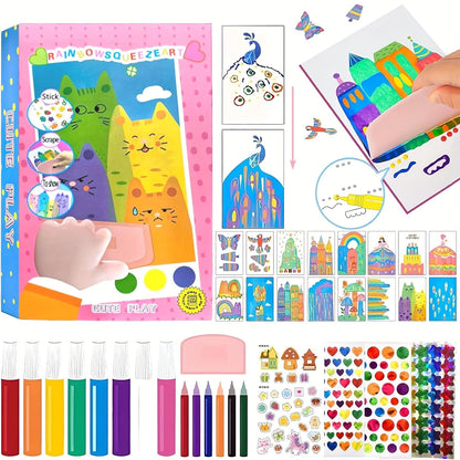 Rainbow Scratch Paper Art Painting Kit for Kids Squeeze Dot Magic DIY Postcard Activity Set, Squeegee Creative Gifts for Girls and Boys