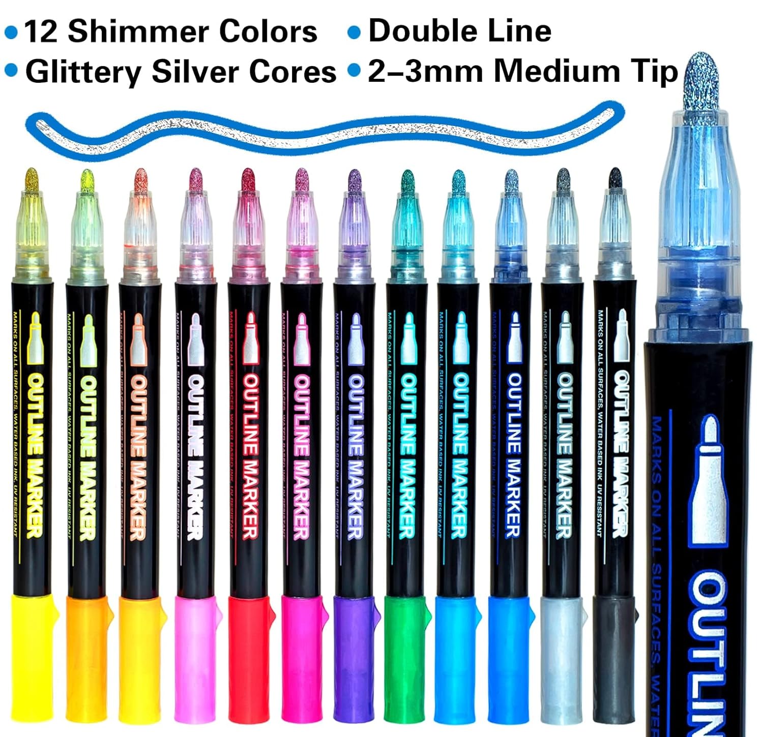 Outline Metallic Marker Pen | Set Pack of 12 | Double Line Glitter Outline Pens | Art Craft | Drawing | Calligraphy | Scrapbook | Greeting | DIY Projects | Multicolour