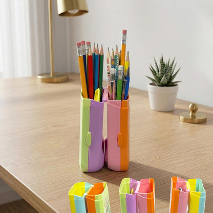 2-in-1 | Foldable Pencil Box & Pen Stand for Kids | Multicolour Cartoon Pencil Case | Compact & Expandable Storage Organiser for School Supplies