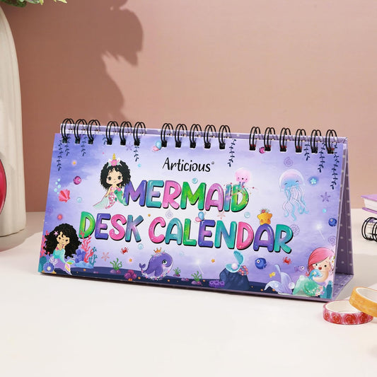 Cute Desk Calendar | Perpetual Table Calendar | Mermaid Design | Size 26x17cm | Spiral Standing Desk Calendar for Kids, Teens, Home & Office Use