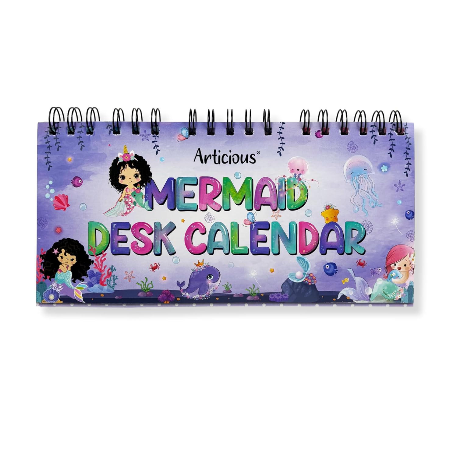 Cute Desk Calendar | Perpetual Table Calendar | Mermaid Design | Size 26x17cm | Spiral Standing Desk Calendar for Kids, Teens, Home & Office Use
