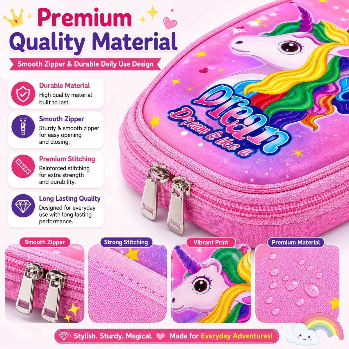 Pencil Box Unicorn Theme with Zip, HardCase Character Box, Multipurpose Large Capacity Jumbo Pencil Box Stationery case
