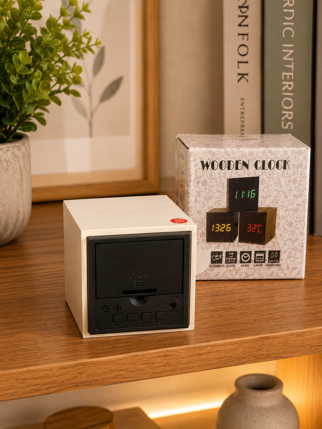 Wooden | LED | Digital Alarm Clock | Mini Cube | Time/Date/Temperature Display | Brightness Adjustable | Bedside Table Clock for Home Office Travel