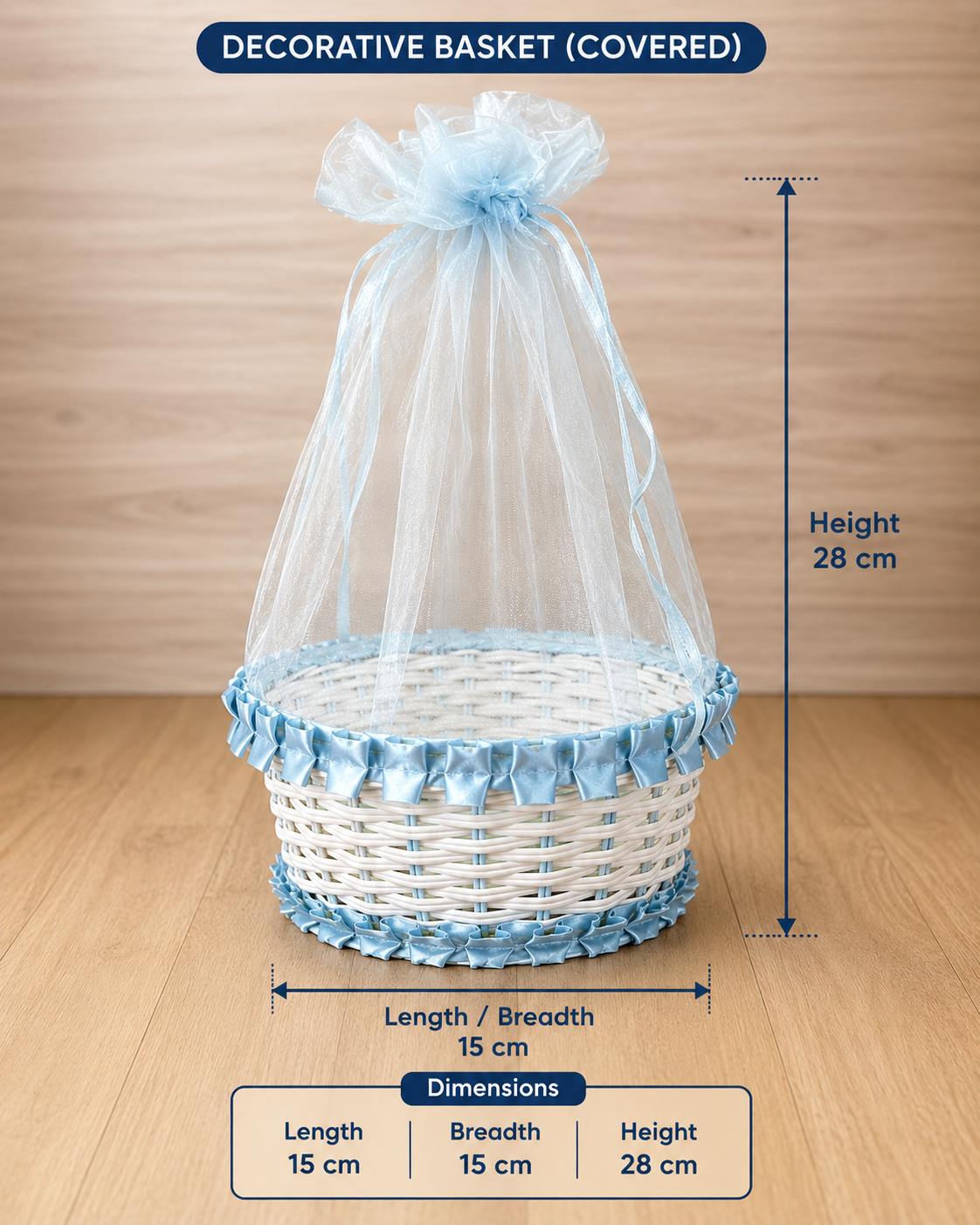 Premium Decorative Gift Basket with Net Cover | 15 × 15 × 28 cm Reusable Hamper Basket for Chocolates, Dry Fruits & Festive Gifting (Only Basket with cover)