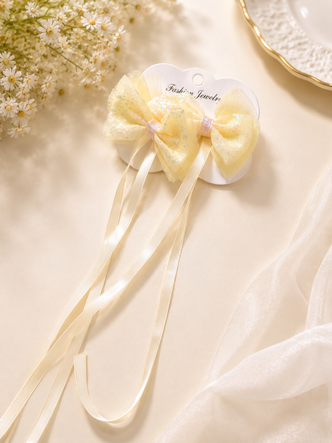 Organza Ribbon Hair Bow Clips Set | Long Tail Hair Accessories for Girls, Kids & Toddlers | Party, School & Festive Wear