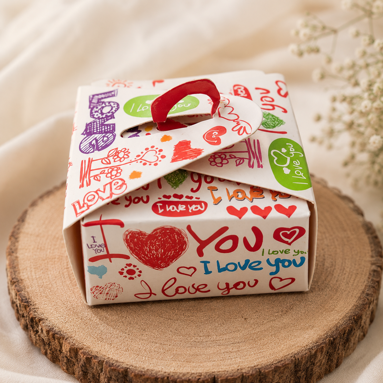 Love Print Mini Gift Box with Handle | 7 × 7 × 7 cm Cute Favor Box | Gift Packaging for Chocolates & Return Gifts