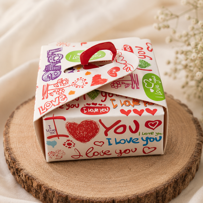 Love Print Mini Gift Box with Handle | 7 × 7 × 7 cm Cute Favor Box | Gift Packaging for Chocolates & Return Gifts