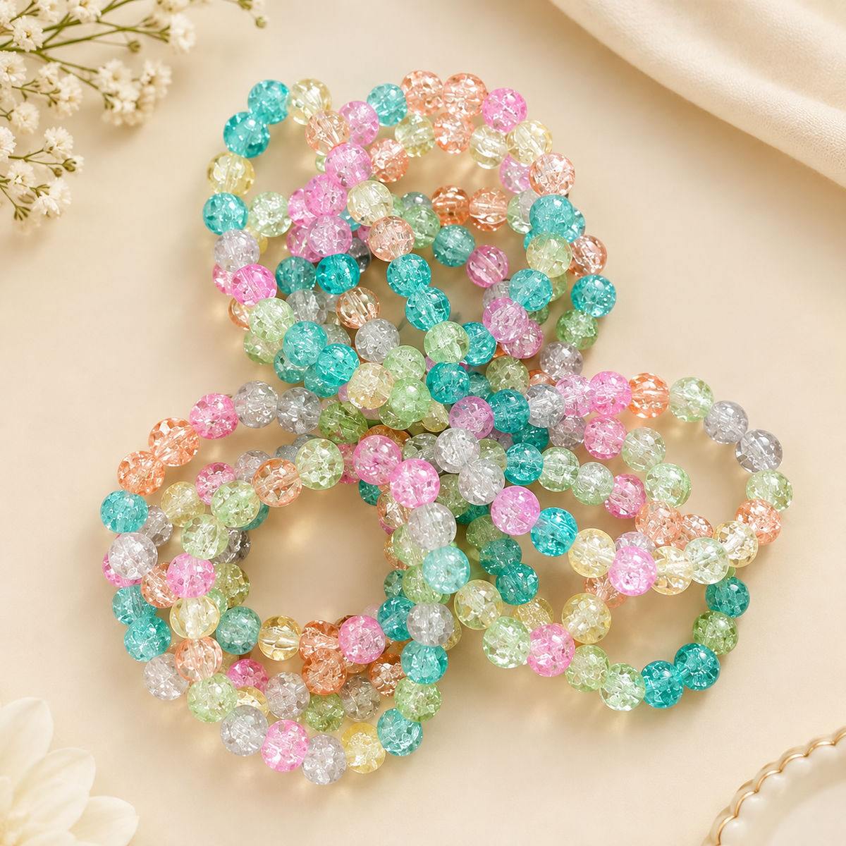 Vibrant Multi-Color Crackle Bead Stretch Bracelets Set (Kids & Casual Wear)