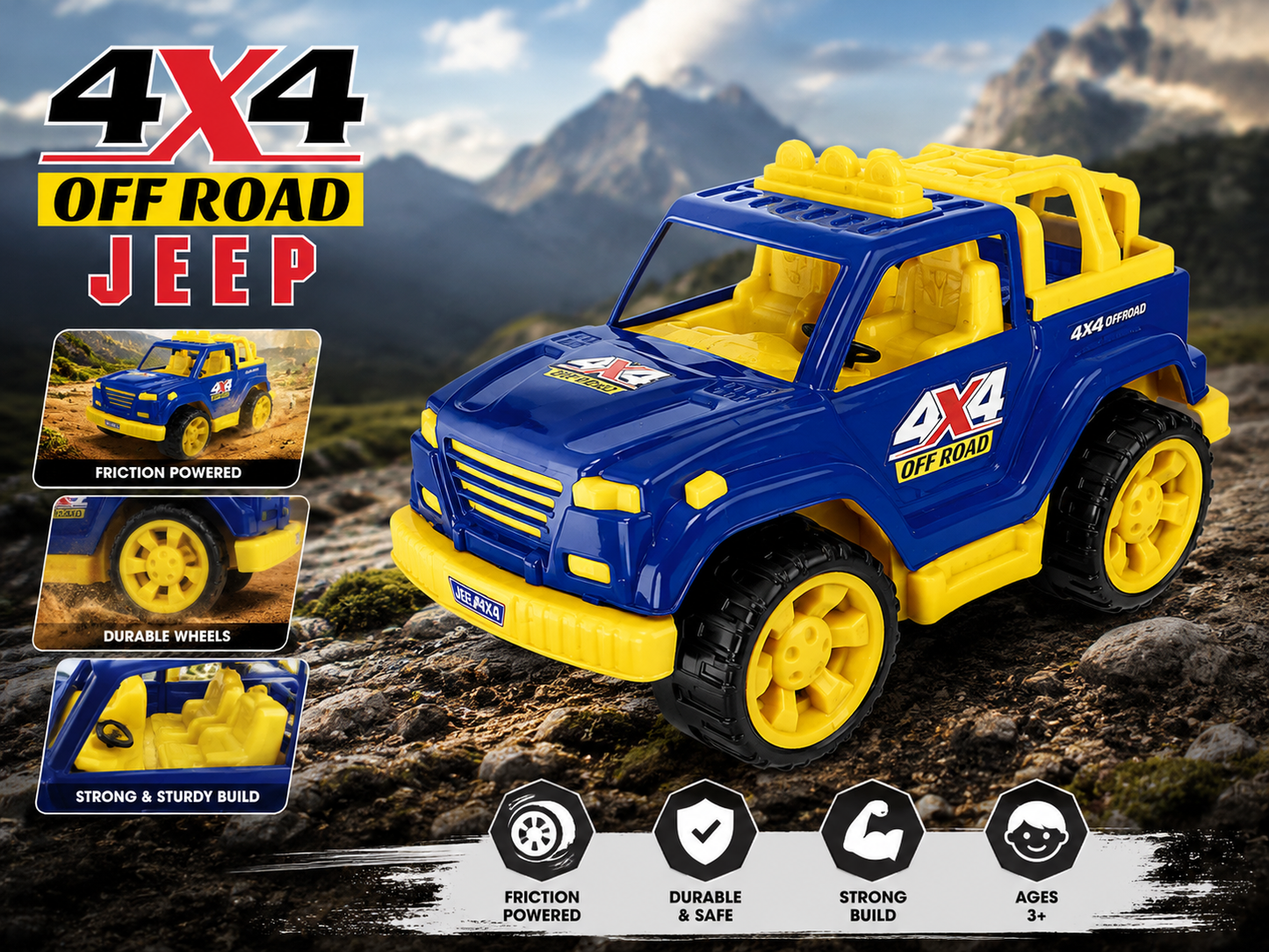 Toy Car for Kids | 4X4 Off Road SUV Jeep | Friction Powered | Plastic Car Toy