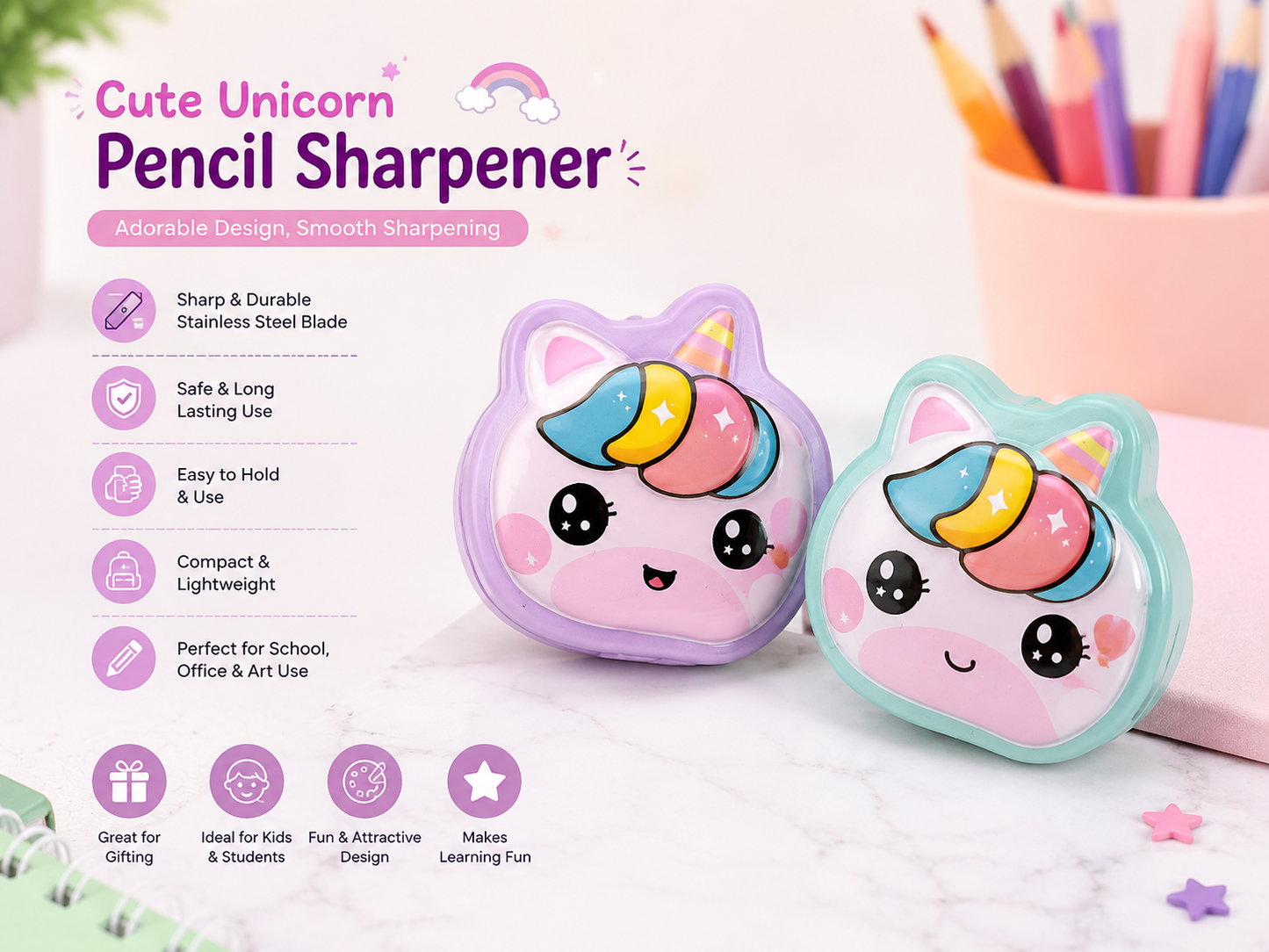 Cute Cartoon Pencil Sharpener Collection | Mini Cute Pencil Sharpeners for Kids | Fun & Colorful Stationery